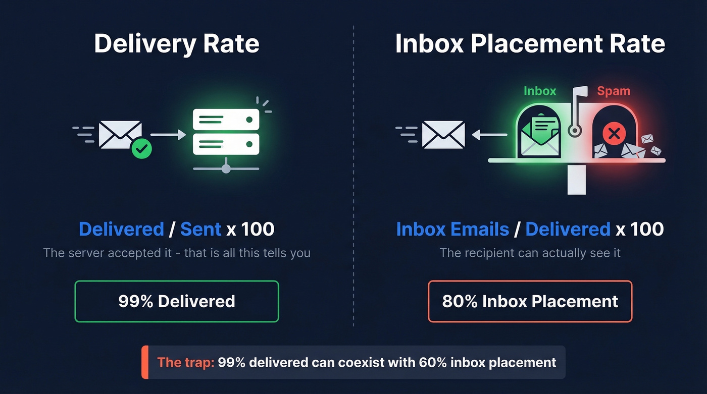 Visual comparison of delivery rate versus inbox placement rate