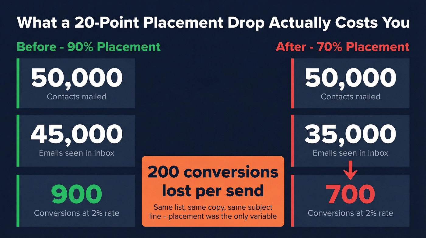 Business impact of inbox placement drop showing lost conversions