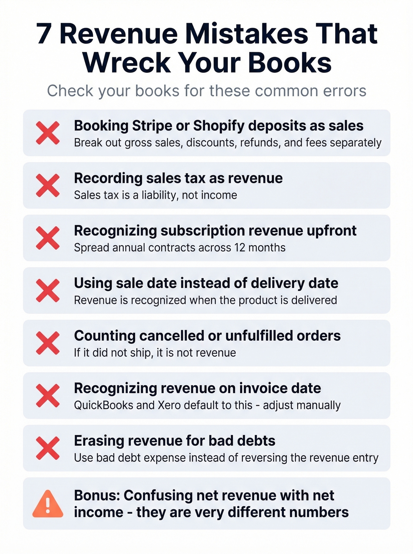 Seven common revenue calculation mistakes checklist infographic