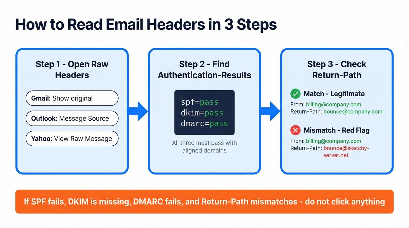 Step-by-step email header authentication check flow