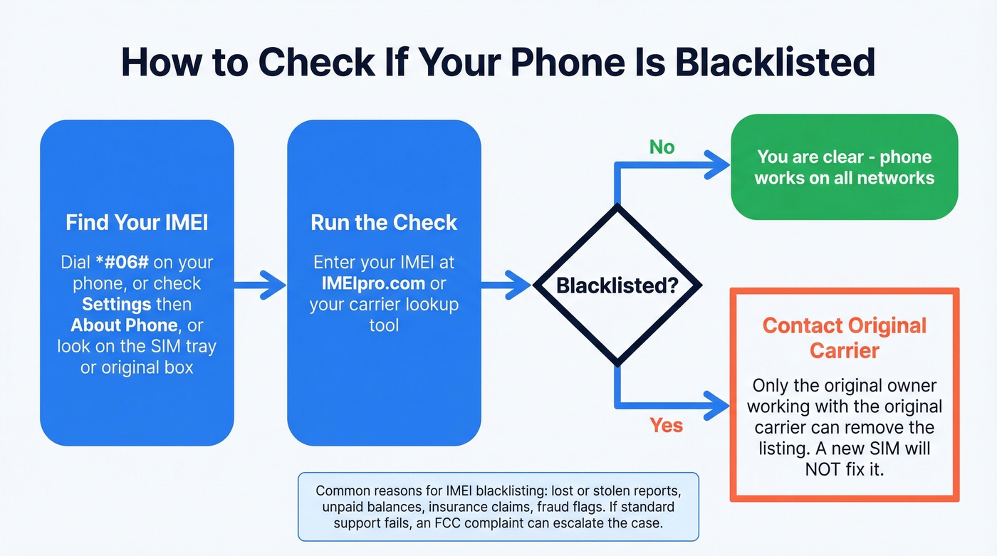Phone IMEI blacklist check and resolution process
