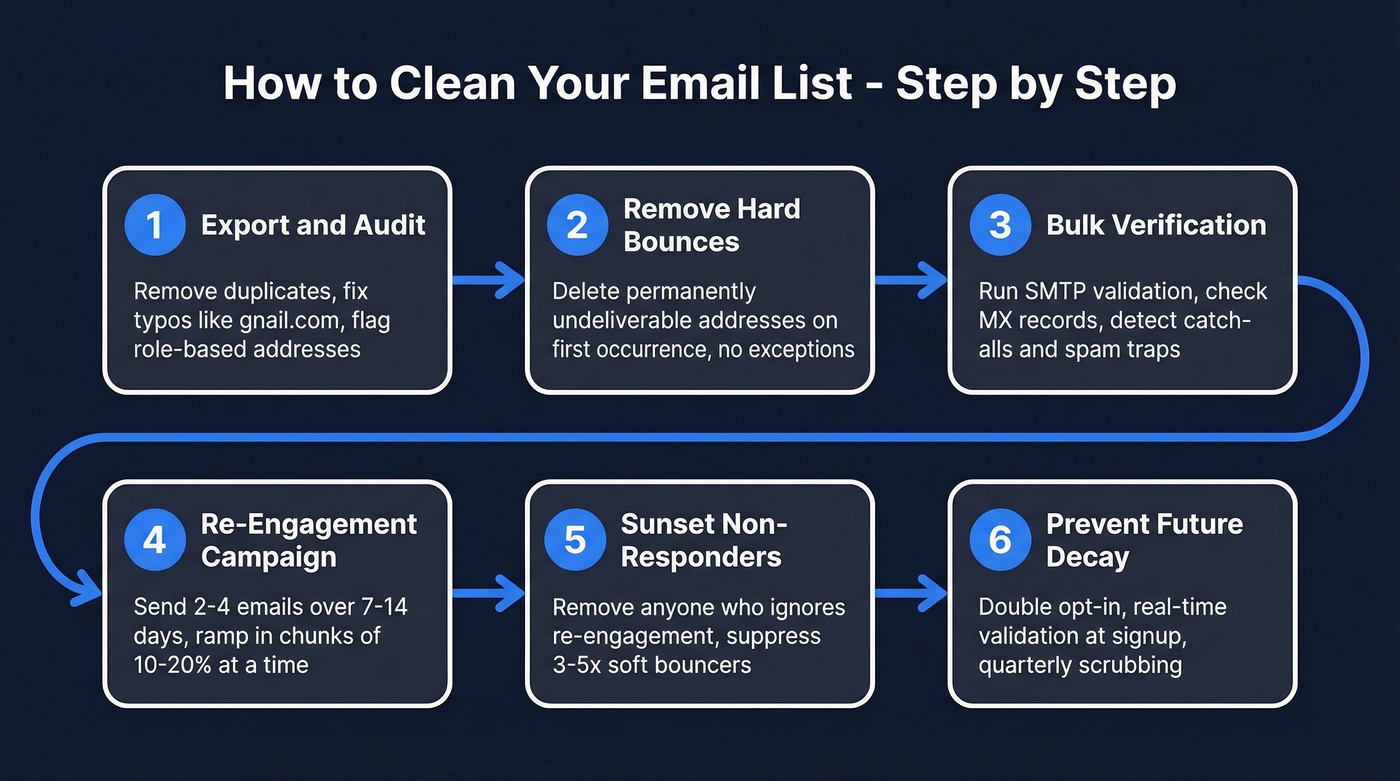 Six-step email list cleaning process flow chart