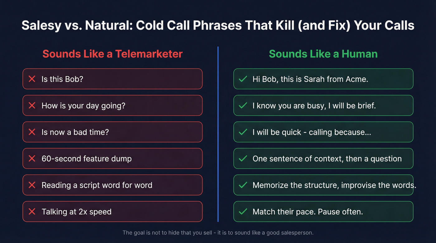Side-by-side comparison of salesy vs natural cold call phrases