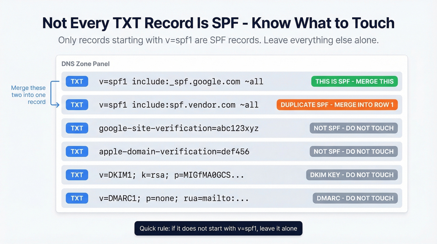 Visual guide showing which TXT records are SPF vs not SPF