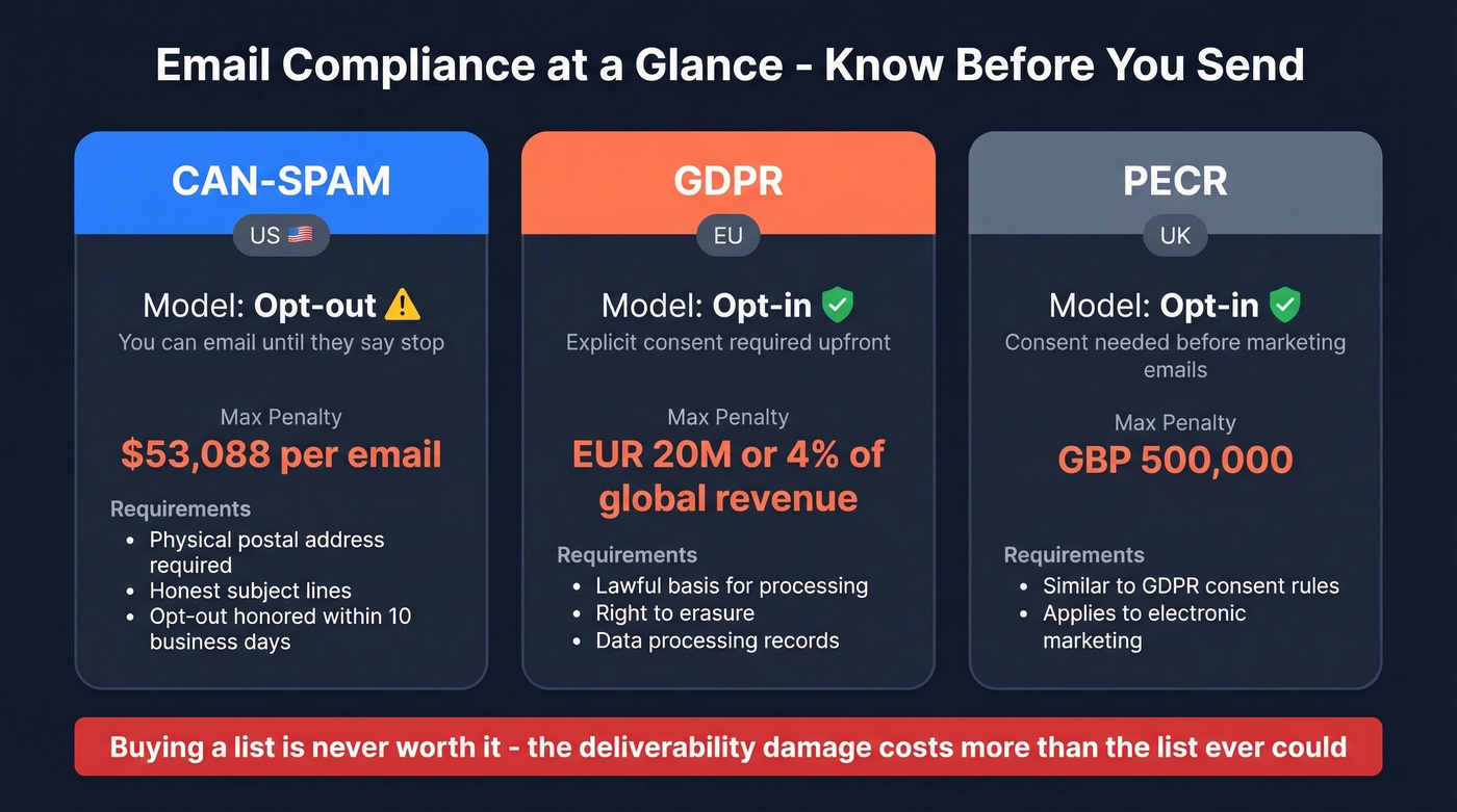 Email compliance comparison across CAN-SPAM GDPR and PECR