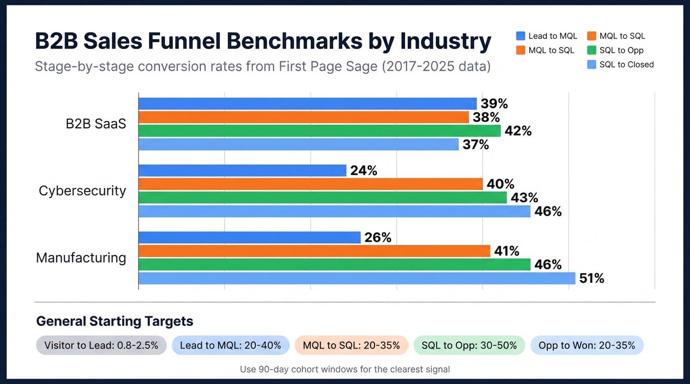 B2B sales funnel conversion benchmarks by industry