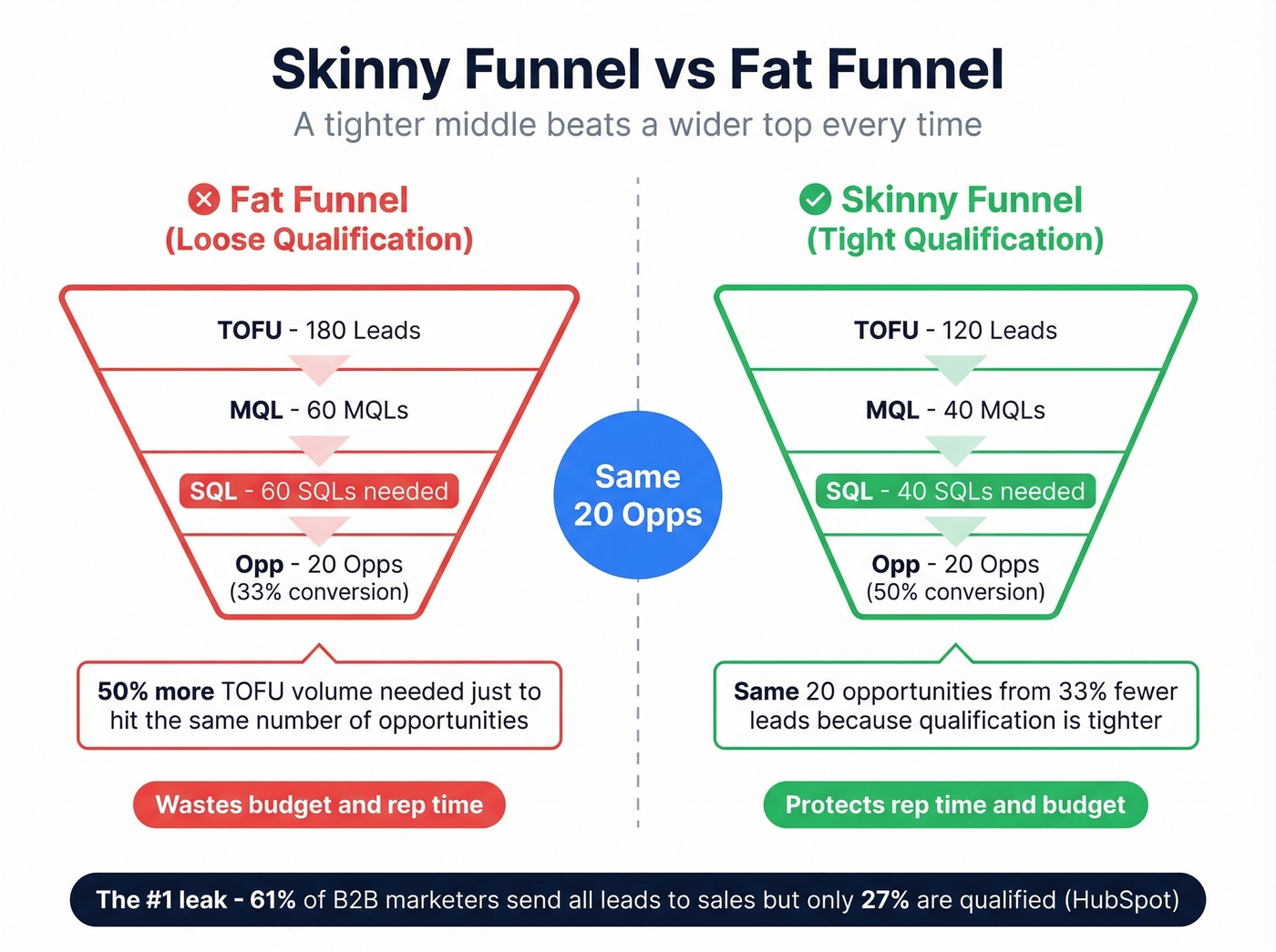 Funnel leak diagnosis showing skinny vs fat funnel math