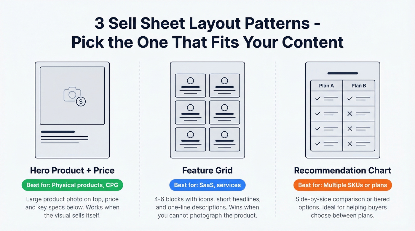 Three sell sheet layout patterns compared side by side