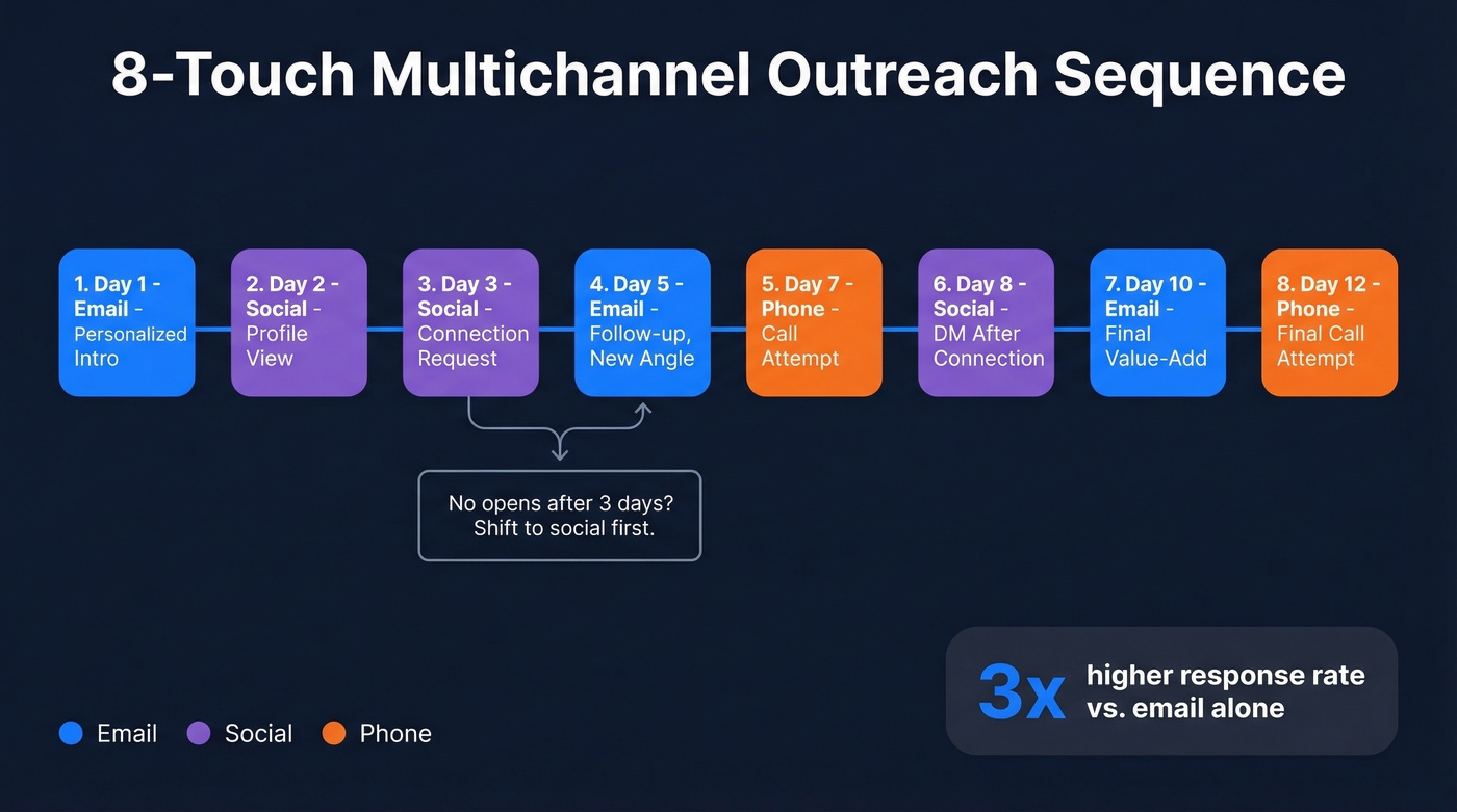 8-touch multichannel outreach sequence flow chart across email, social, and phone