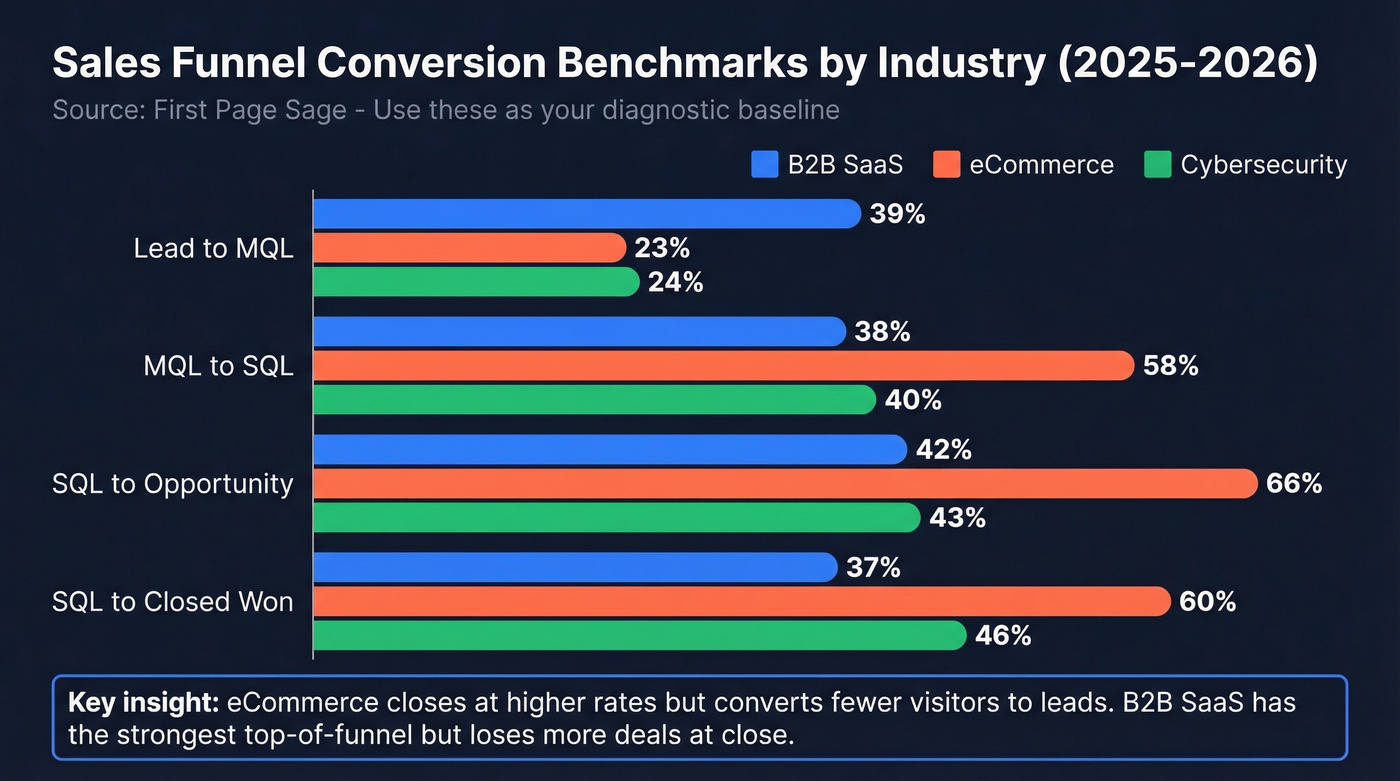 Funnel conversion benchmarks by industry comparison chart