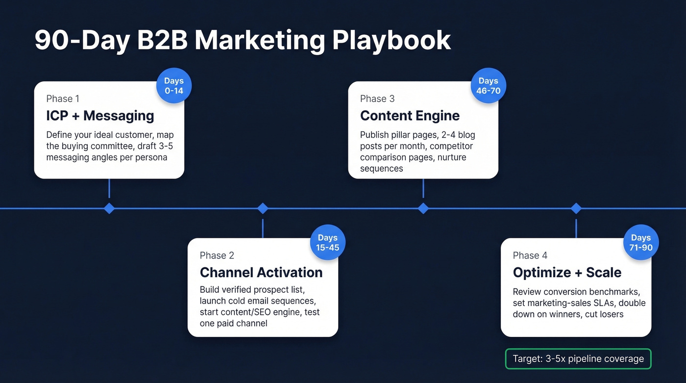 90-day B2B marketing launch timeline with four phases