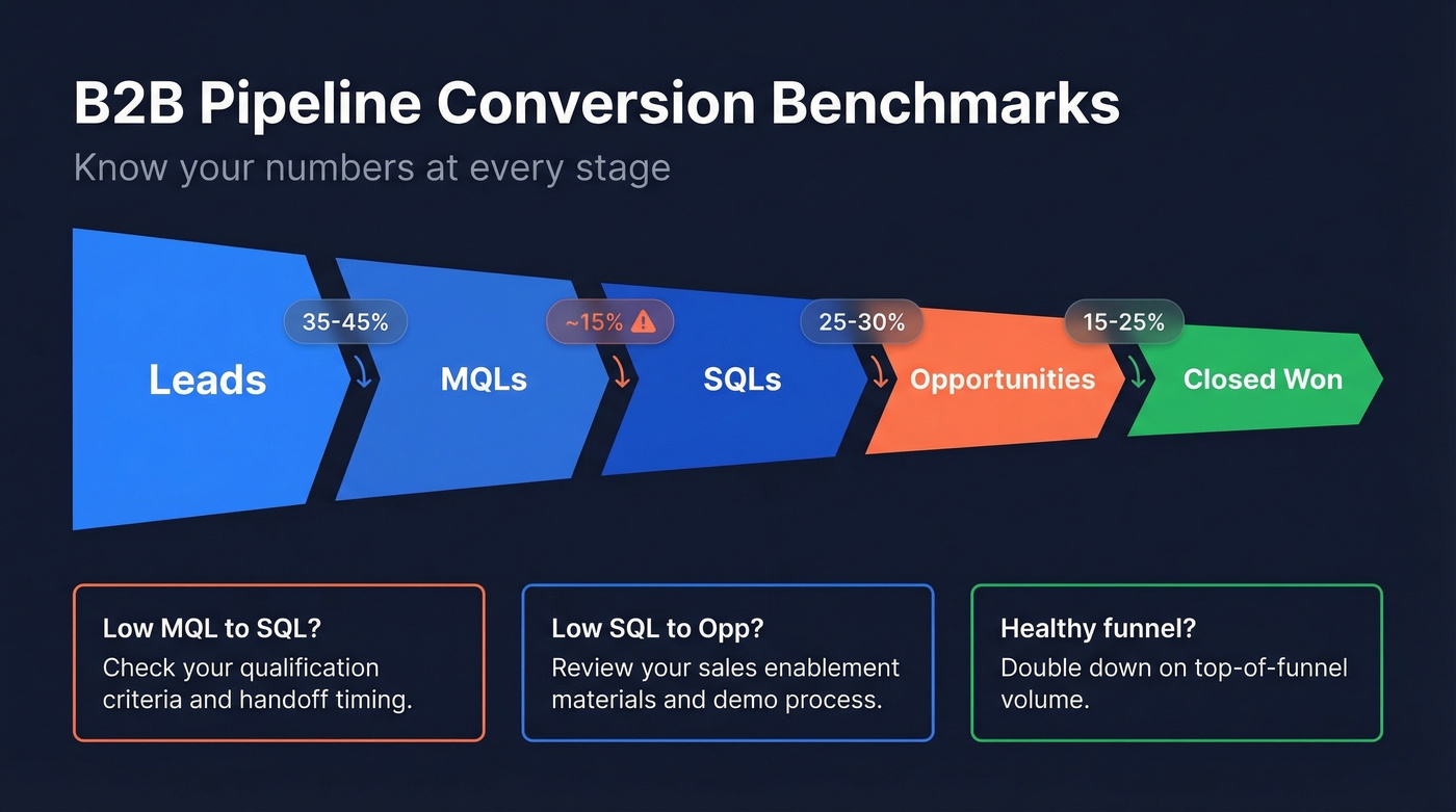 B2B pipeline conversion funnel with stage benchmarks