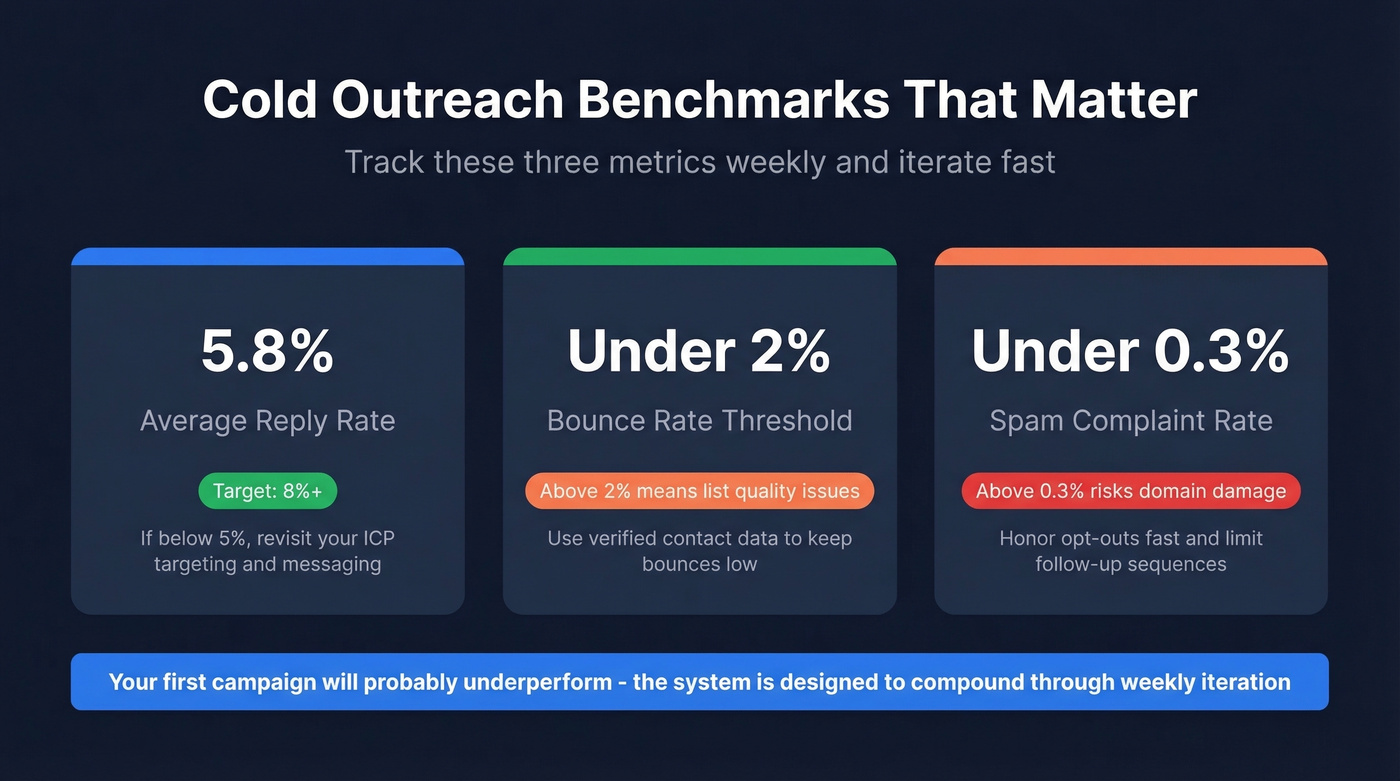 Cold outreach benchmark metrics dashboard with targets