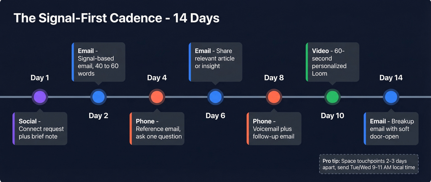 14-day multi-channel prospect engagement cadence timeline