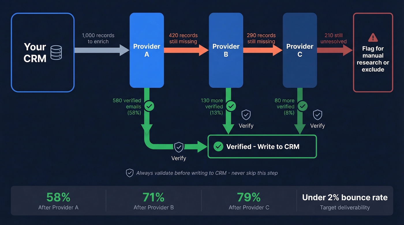 Waterfall enrichment architecture showing multi-provider cascade