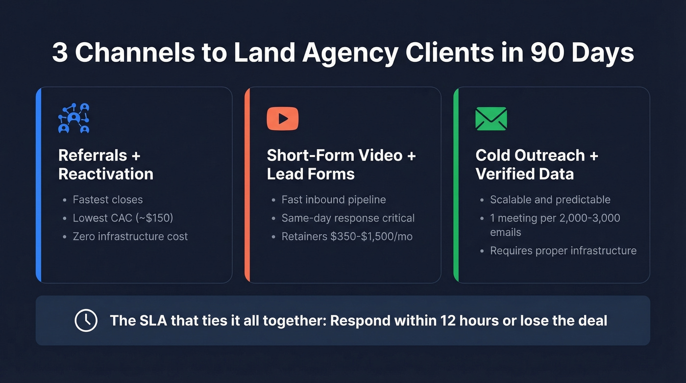 Three core channels for 90-day client acquisition