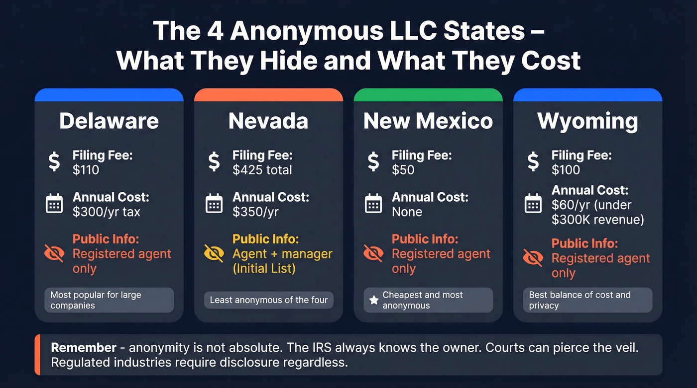 Anonymous LLC states compared by cost and disclosure level