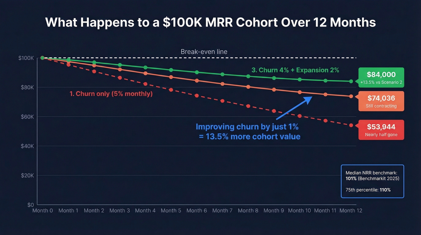 SaaS cohort decay chart showing churn vs expansion impact