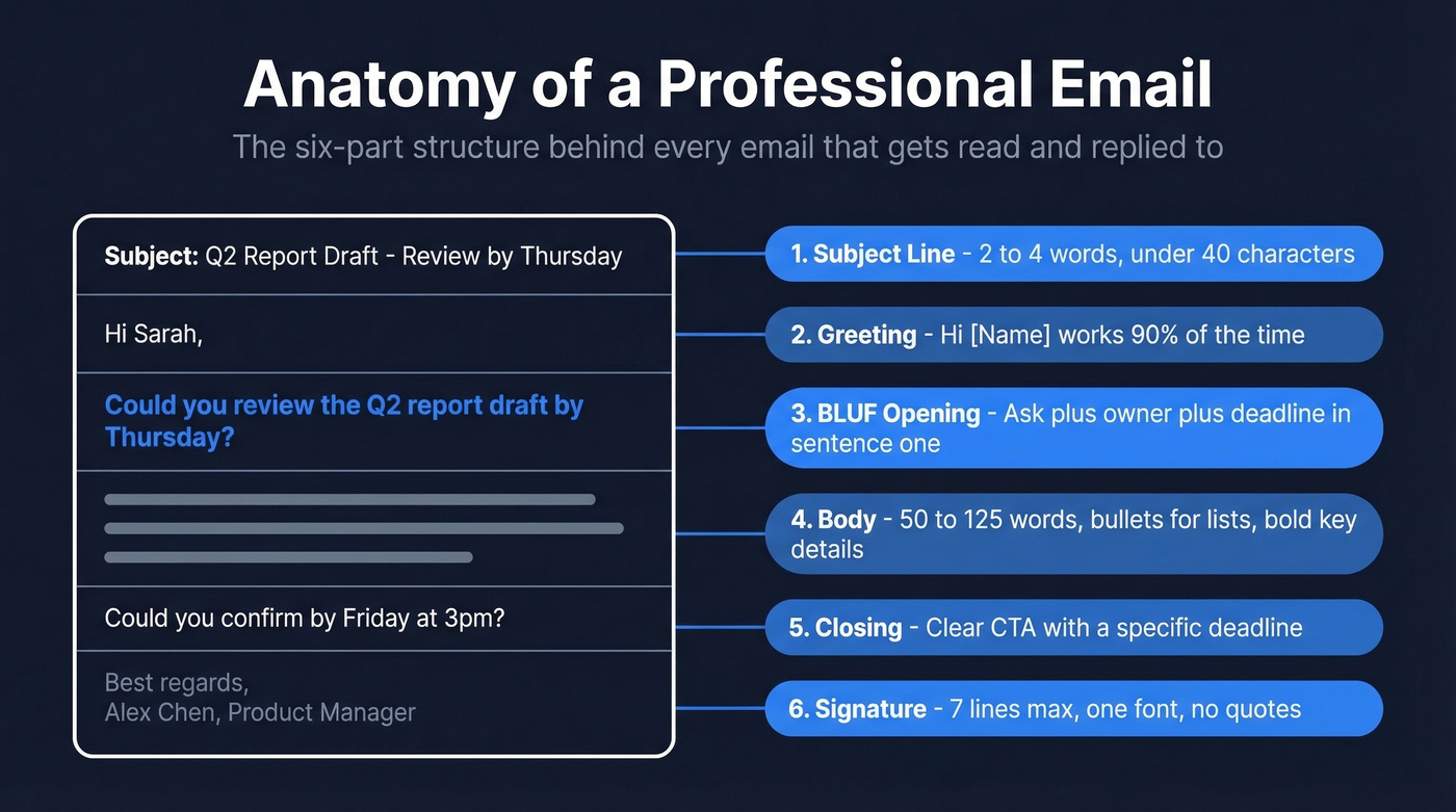 Six-part anatomy of a professional email structure