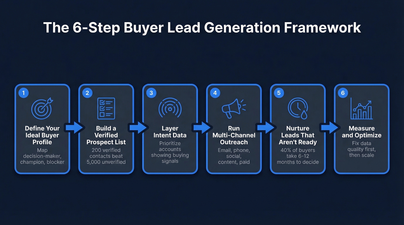 Six-step buyer lead generation framework visual overview