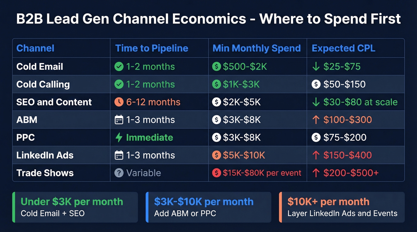 B2B lead gen channel comparison by cost, time, and CPL