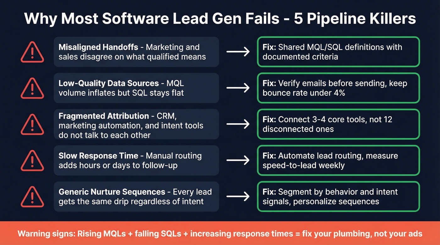 Five failure modes in software lead generation pipeline