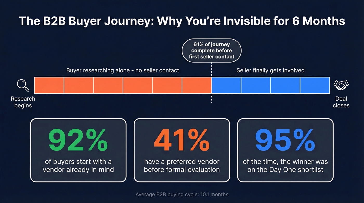 B2B buyer journey timeline showing seller invisibility window
