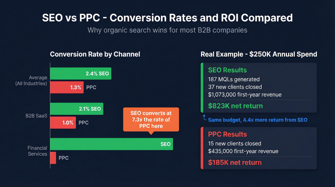 SEO vs PPC conversion rates and ROI comparison chart