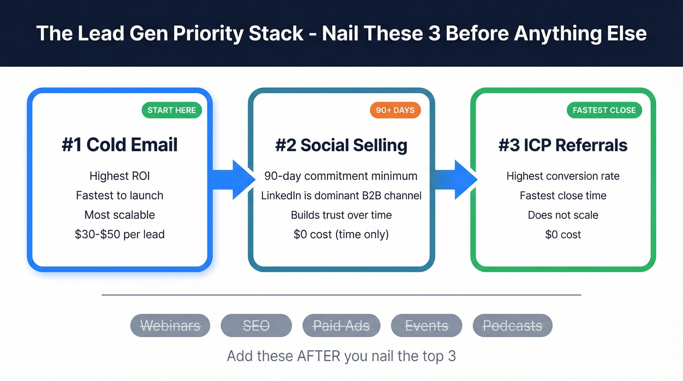Priority stack showing three lead gen channels ranked