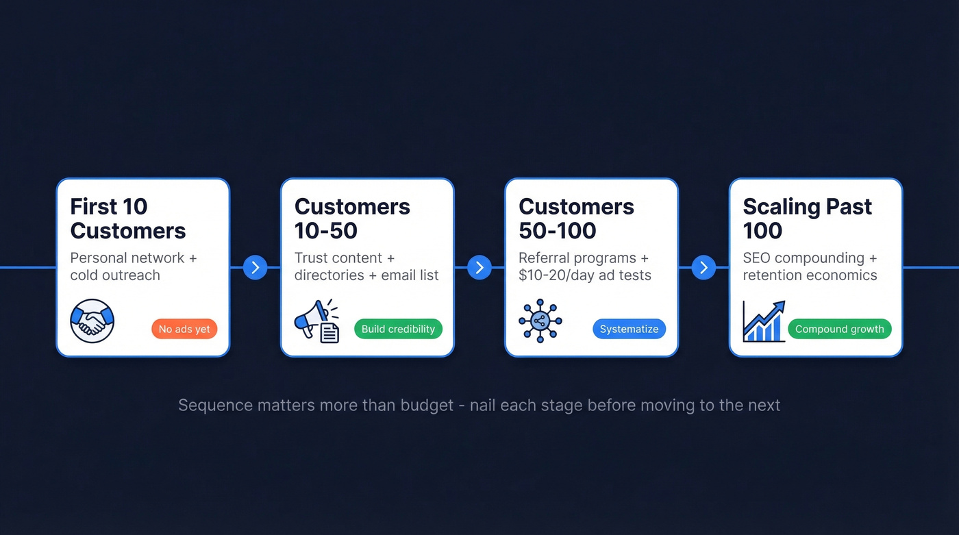 Stage-by-stage customer acquisition roadmap from 0 to 100+