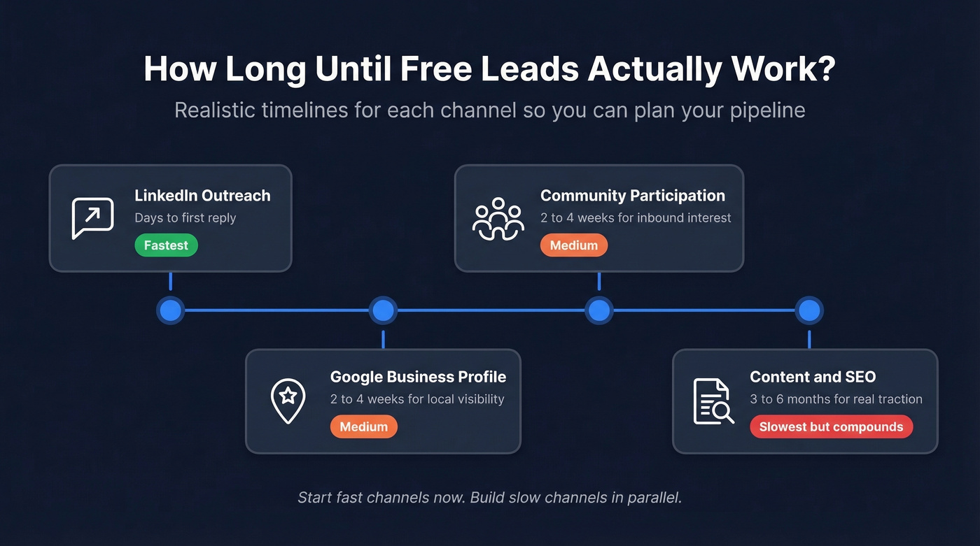 Timeline showing time-to-results for each free lead channel