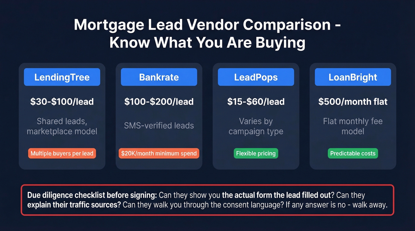 Mortgage lead vendor comparison with cost and details