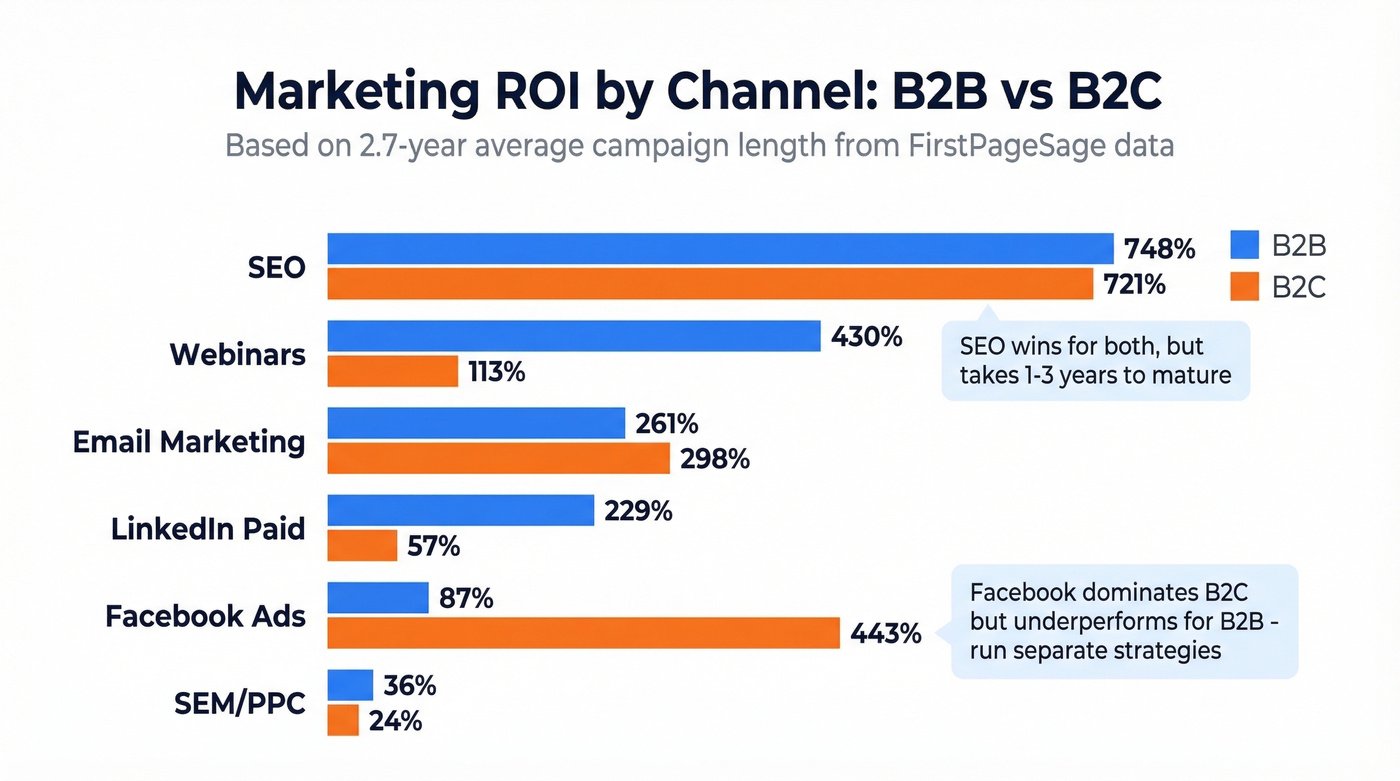 B2B vs B2C ROI comparison chart across six marketing channels