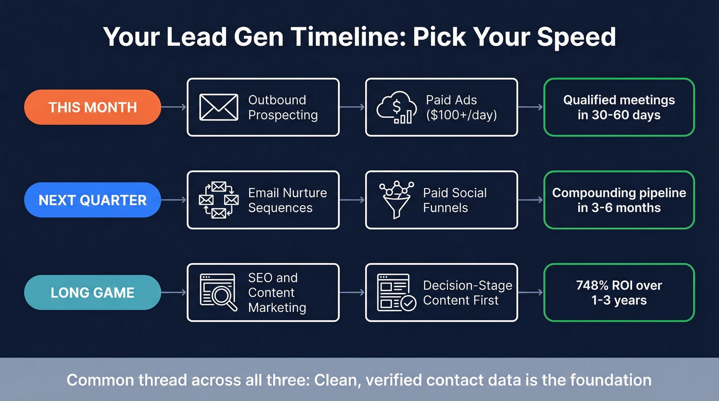 Lead generation timeline showing three speed tiers with tactics and expected results