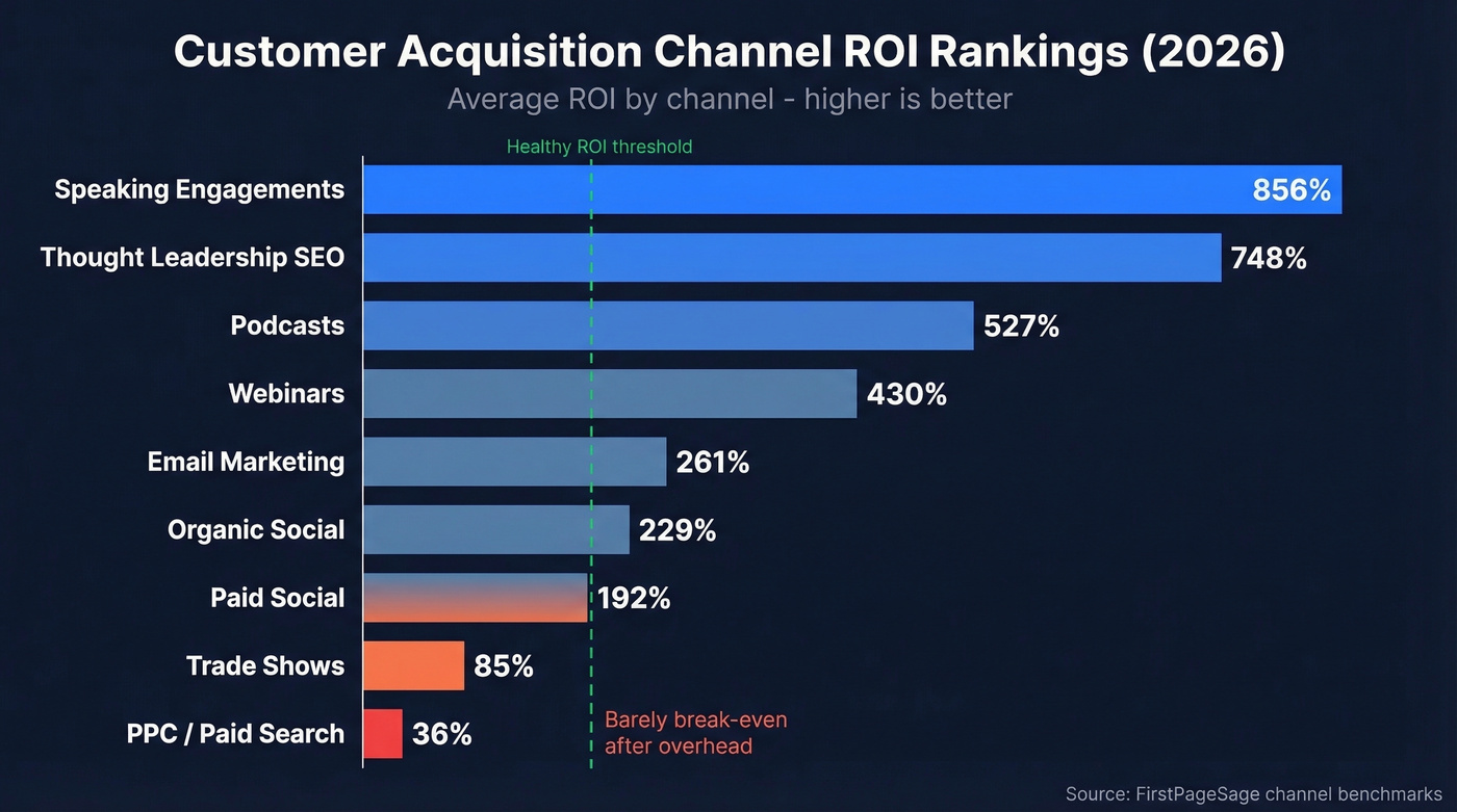 ROI comparison bar chart across customer acquisition channels