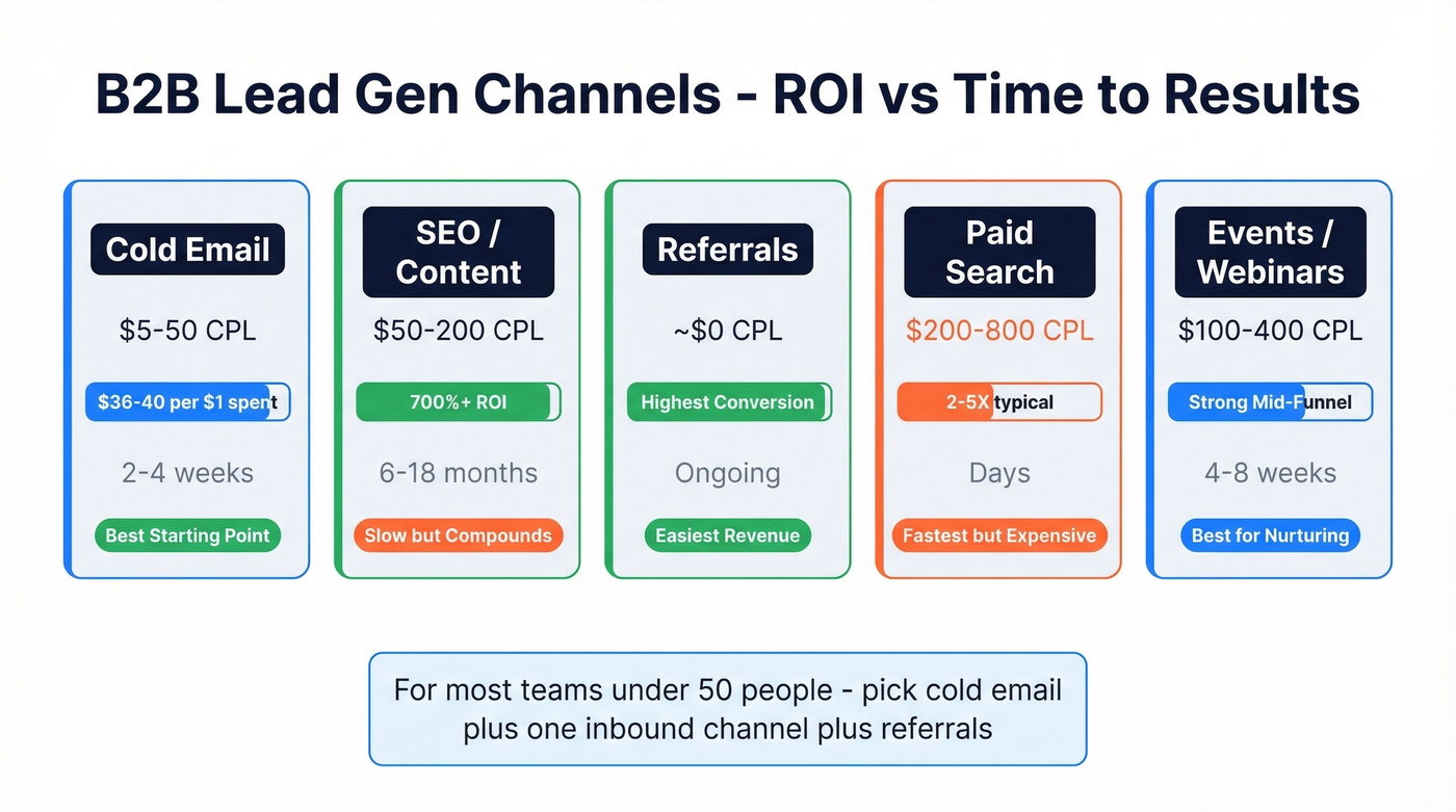 B2B lead generation channel comparison by ROI and timeline