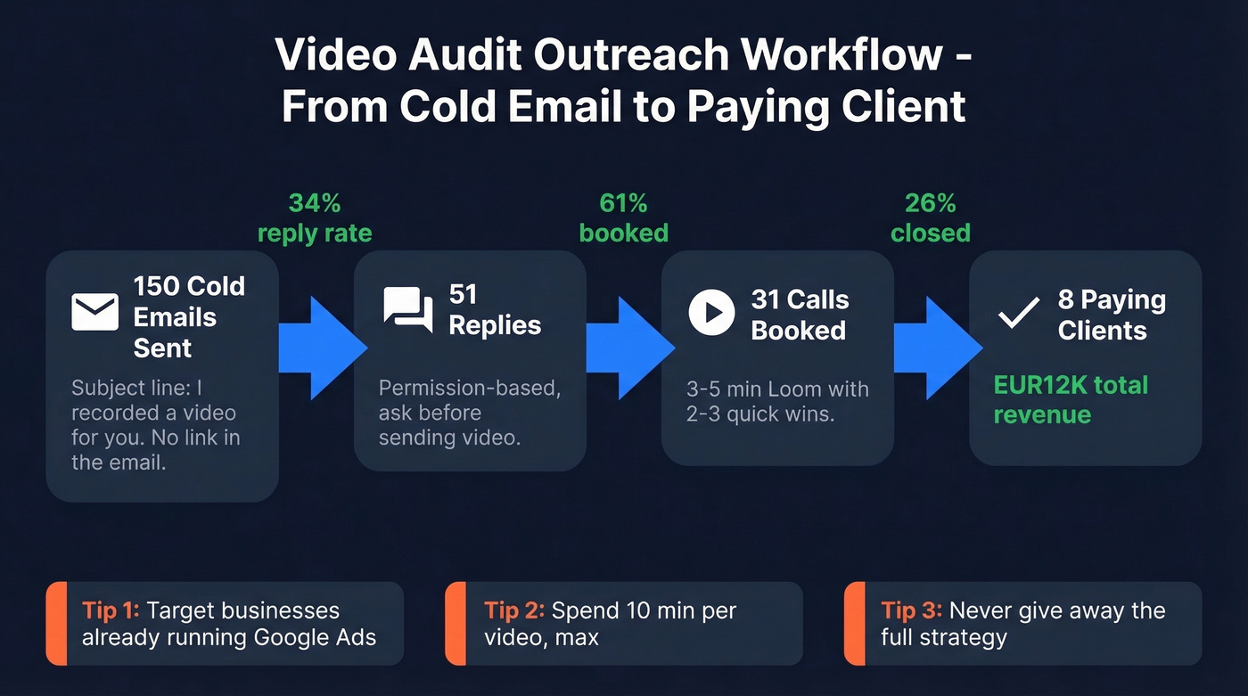 Video audit outreach workflow with conversion metrics at each step