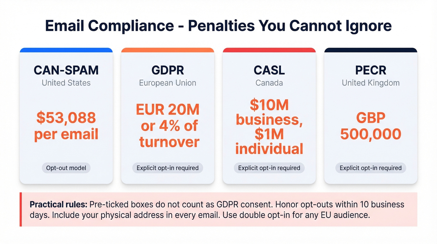 Global email compliance regulations and penalties overview