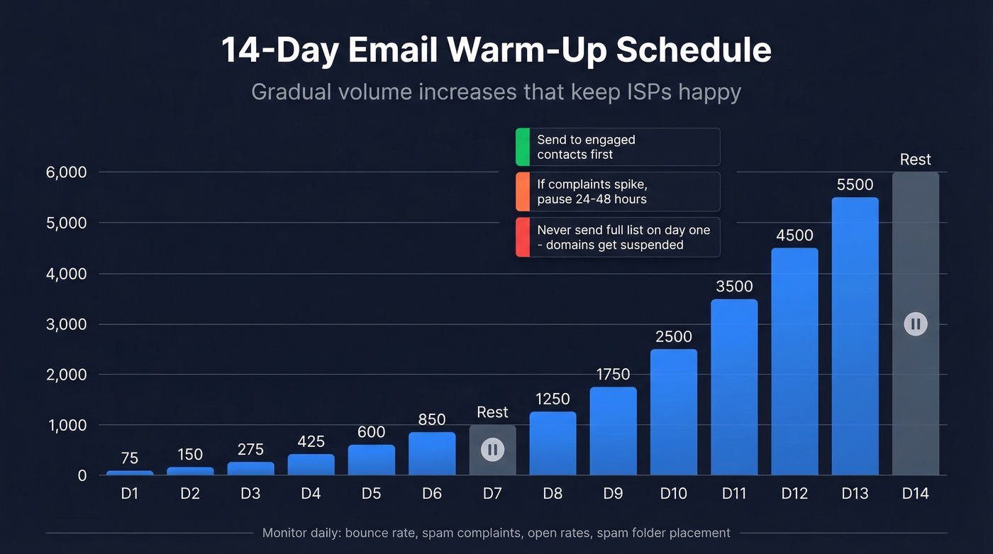 14-day email warm-up volume schedule visualization