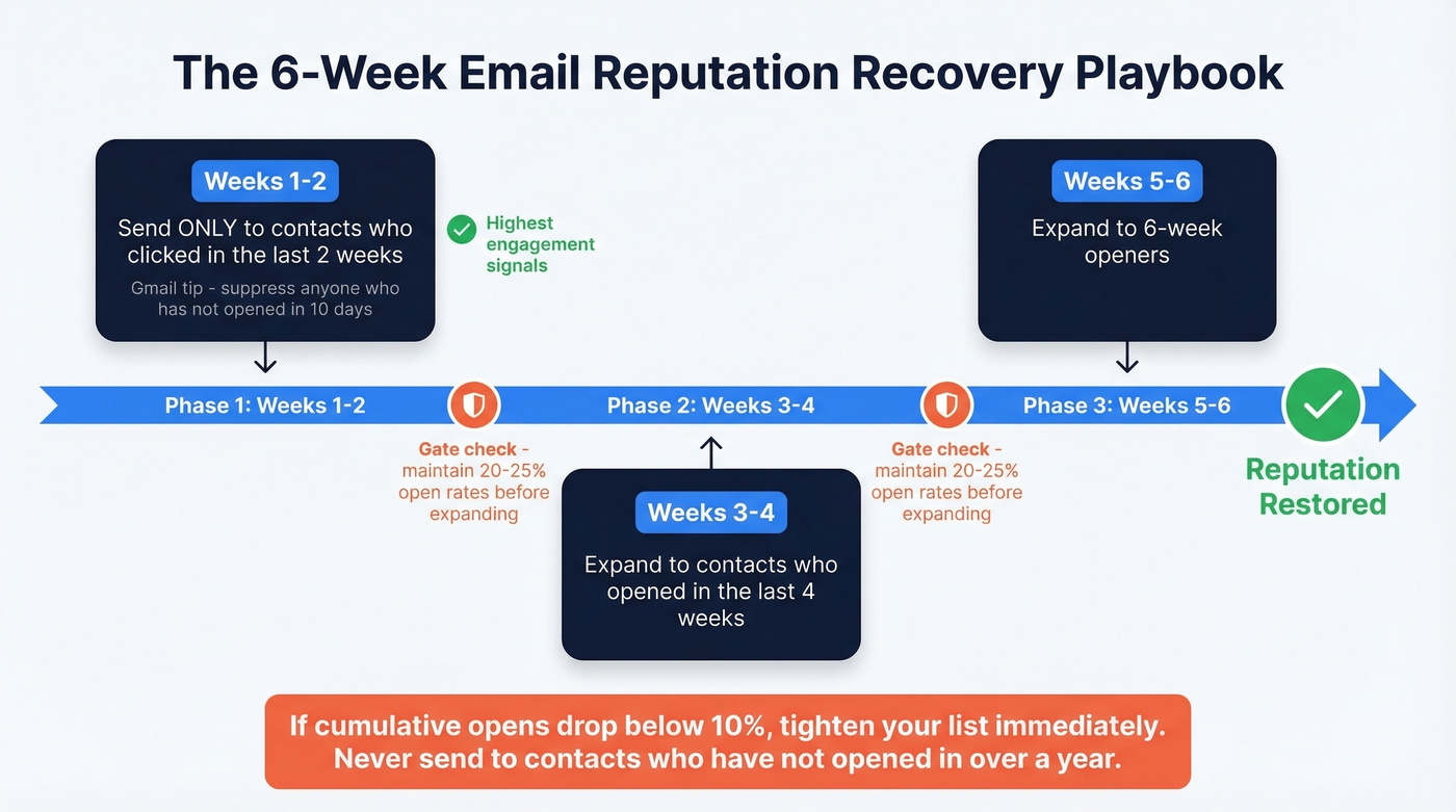 Six-week email reputation recovery ramp timeline