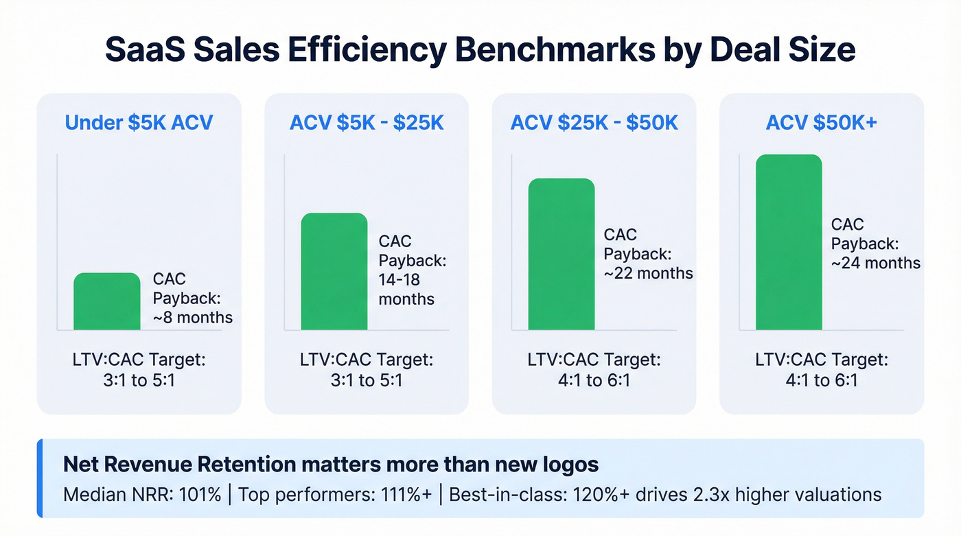 SaaS benchmarks by ACV band showing CAC payback and LTV to CAC
