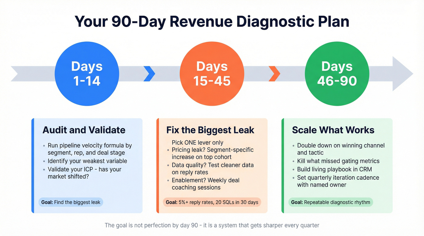 90-day revenue improvement plan timeline with phases
