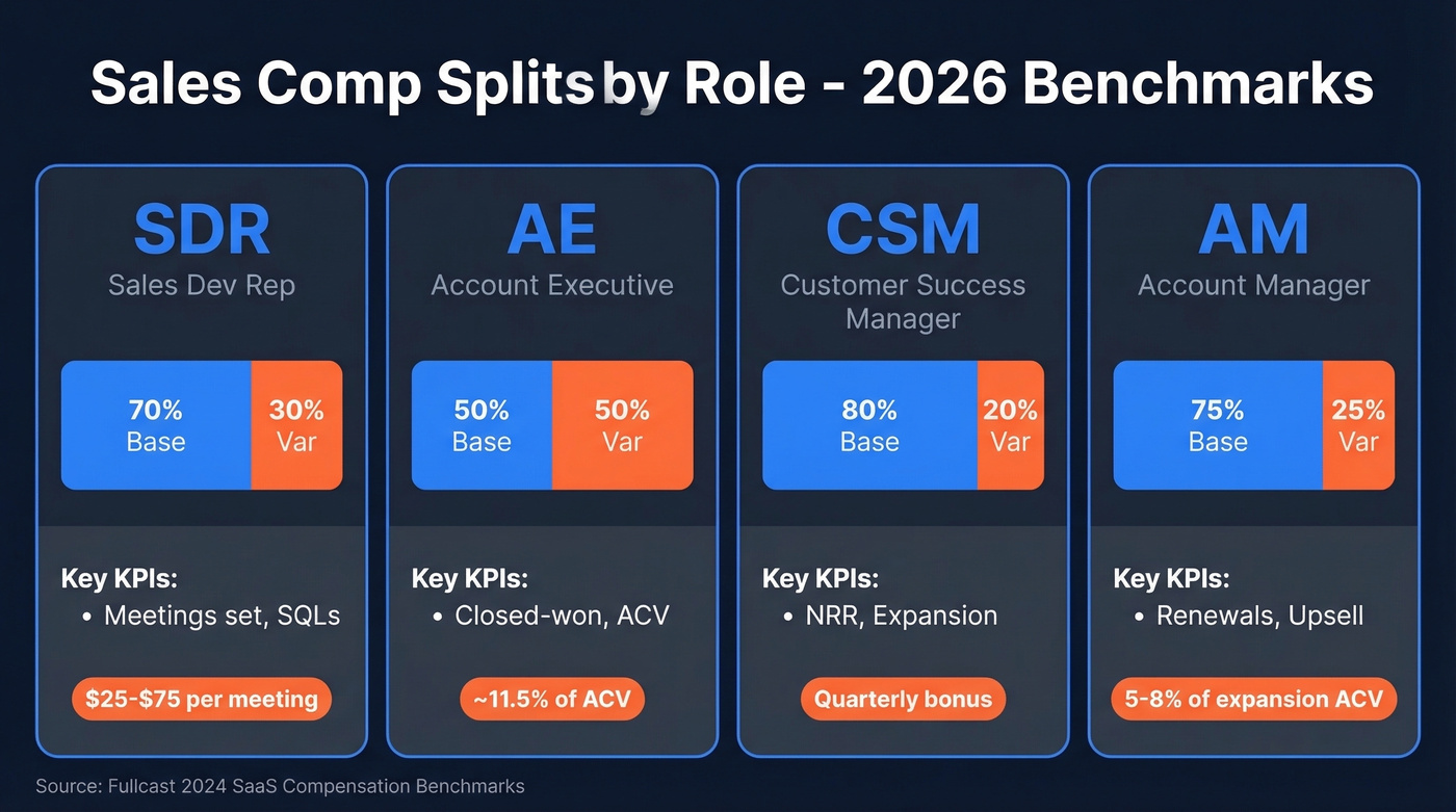 Sales role comp splits with base variable ratios and KPIs
