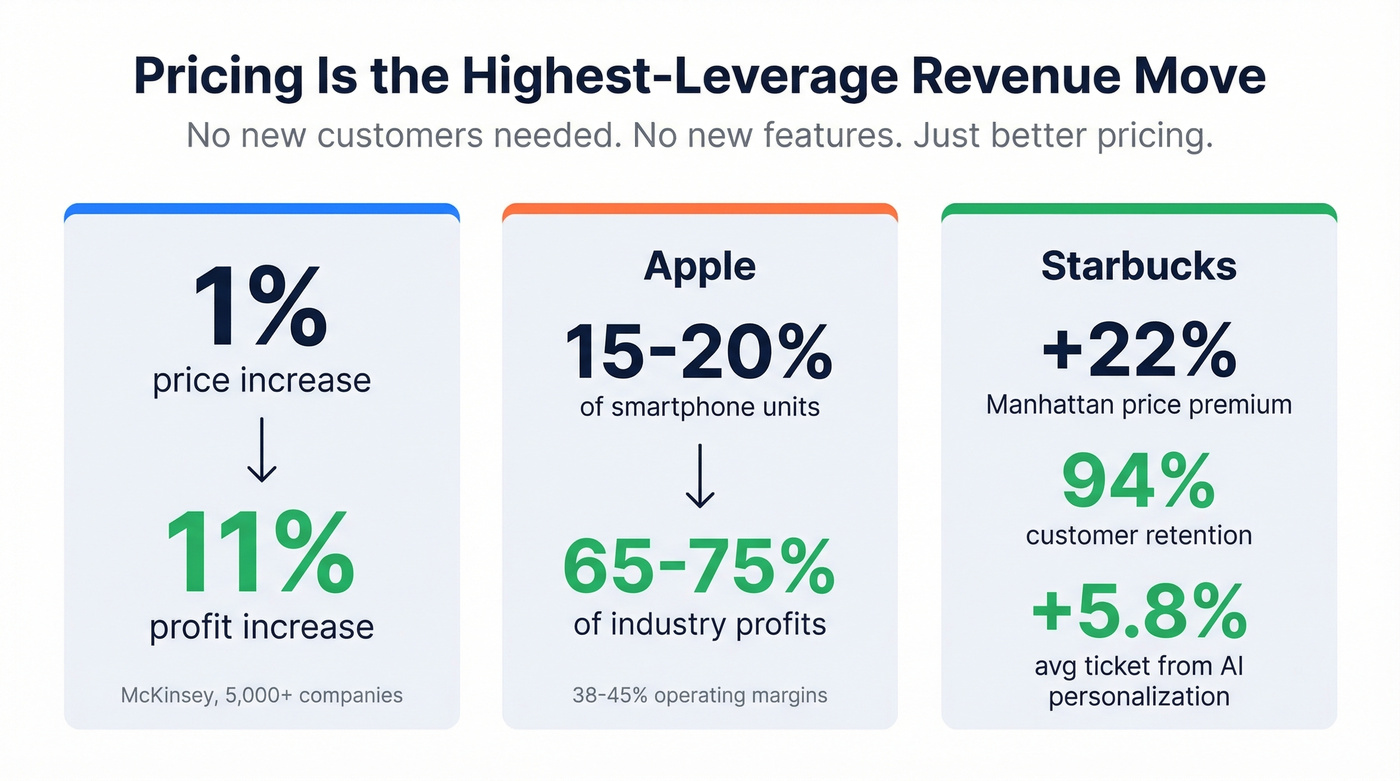 Pricing leverage stat card showing 1% price increase equals 11% profit increase