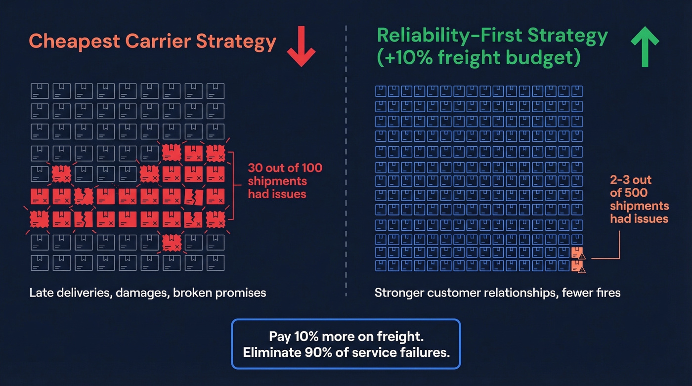 Reliability vs price comparison showing shipment issue rates