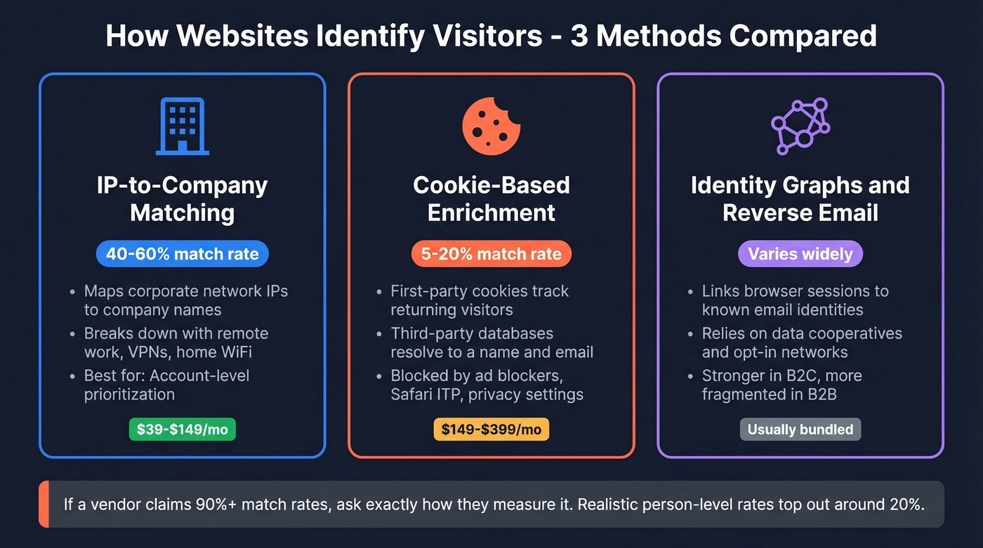 Three visitor identification methods with match rates and tradeoffs
