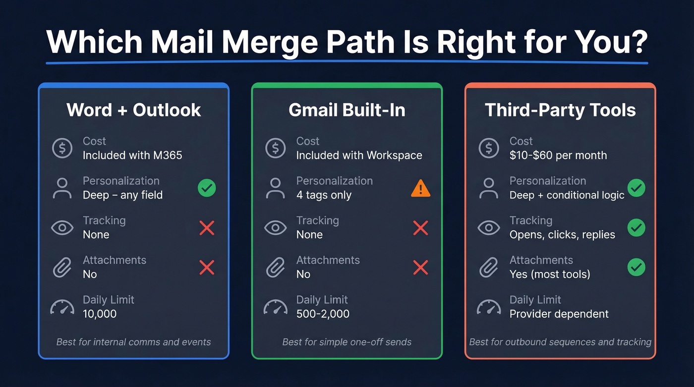 Mail merge path comparison across Outlook, Gmail, and third-party tools