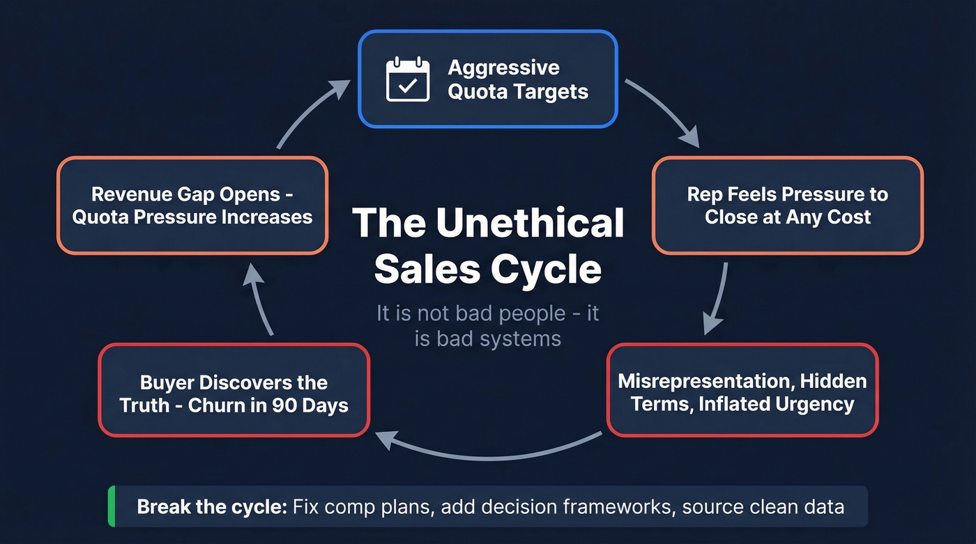 System failure cycle showing how quota pressure creates unethical sales behavior