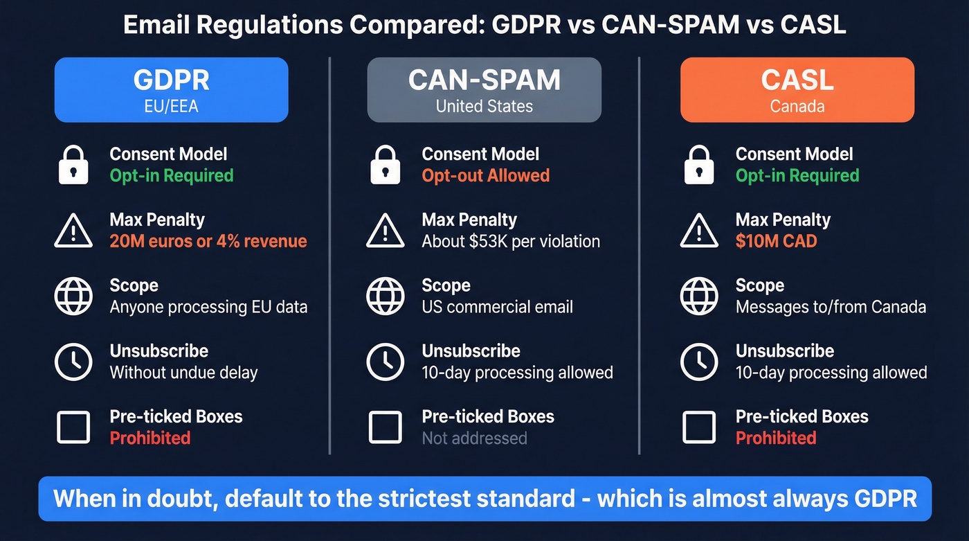 GDPR vs CAN-SPAM vs CASL regulation comparison chart