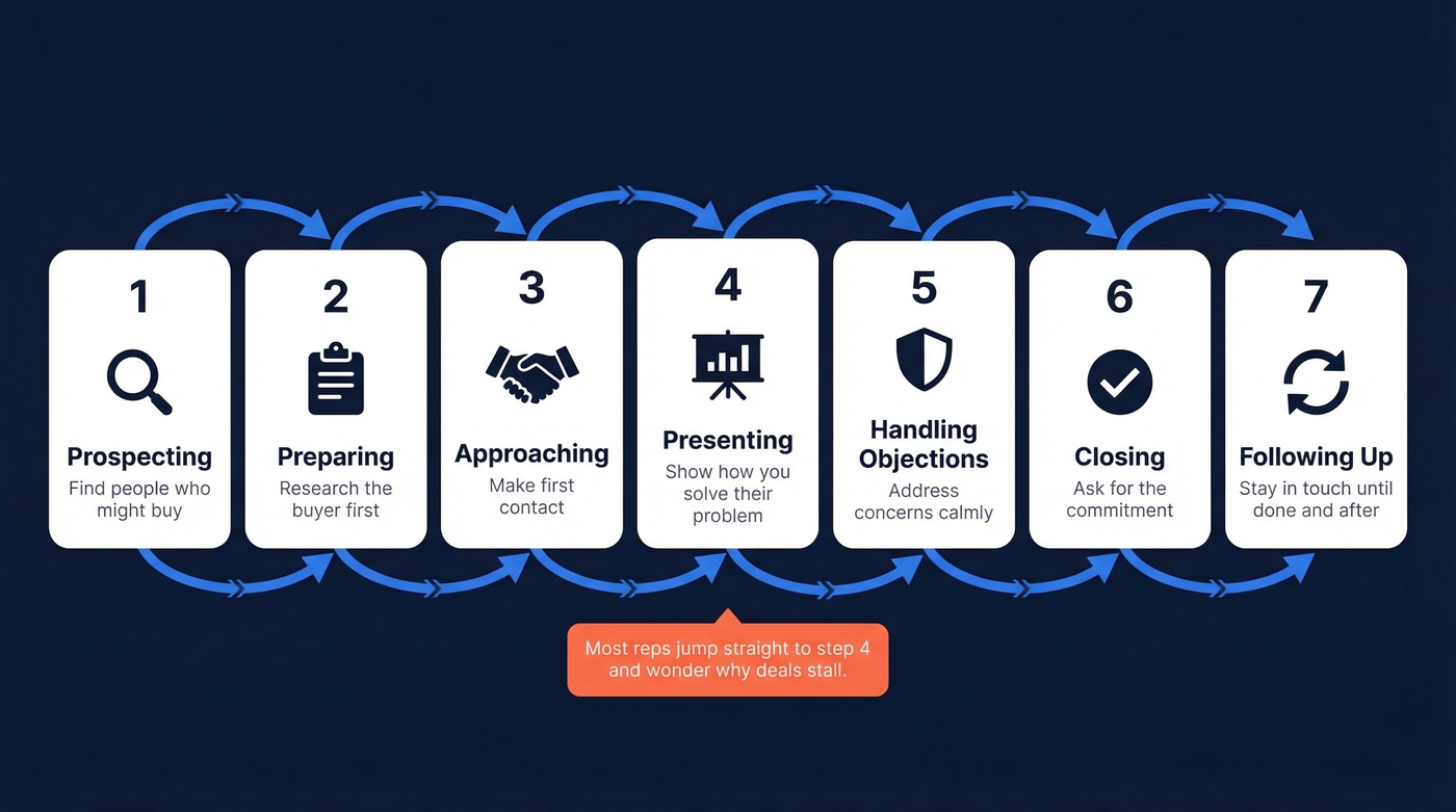 7-stage sales process flow chart with icons